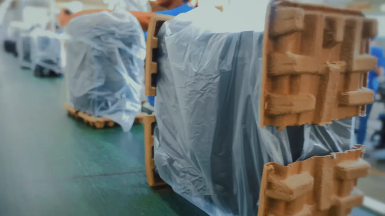 Embalagem em polpa de papelão reciclado na linha de produção